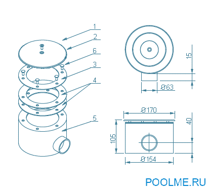 Донный слив АТ 04.02 антивихревой D=165мм (универсальный) Донный слив АТ 04.02 антивихревой D=165мм (универсальный)