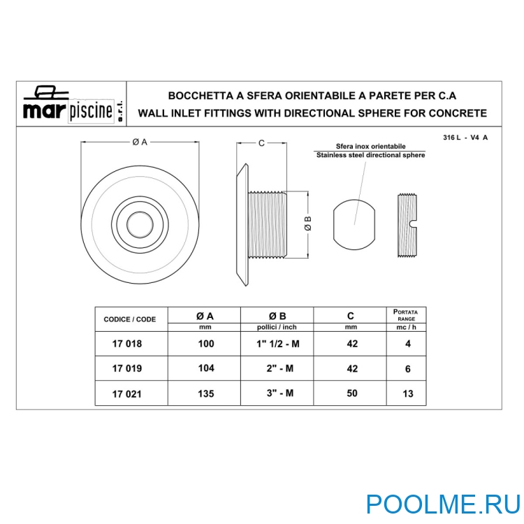 Форсунка стеновая под плитку Marpiscine 1.5" (17018)