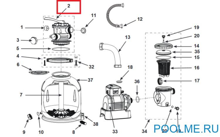 Шестиходовой клапан INTEX для песчаных фильтров 26648/26652/28680, артикул 11496