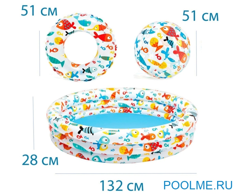 Детский бассейн INTEX &quot;Весёлые рыбки&quot; с мячом и кругом 132 x 28 см, артикул 59469